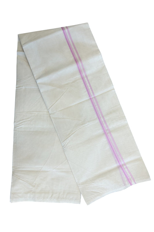 10% Discount ! KaithariKada Balaramapuram 100% Cotton Double Off white (Unbleached) Mundu/Dhoti-100X100-  Lavender Pink & stripes 2.cm Kara 4 mtr - ASH013