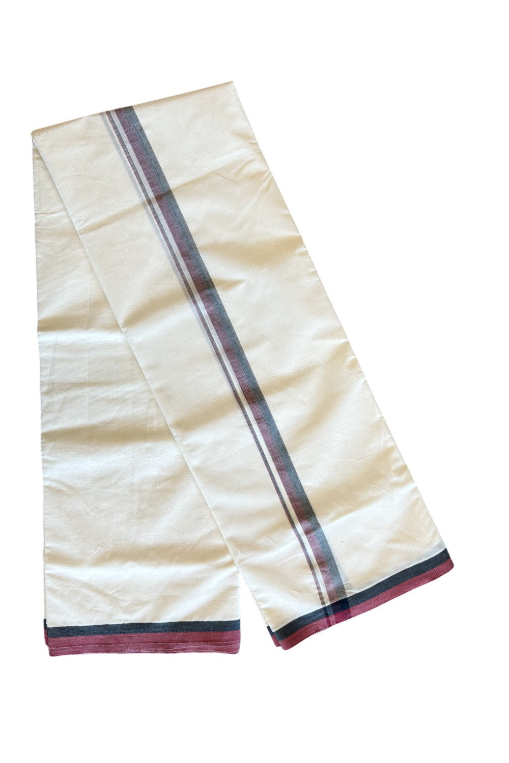 DMK Veshti - 19% DISCOUNT! KaithariKada 100% Cotton off white Double - (Unbleached) Mundu/Dhoti - 100X100 - 1.25 inch Black & Maroon shaded kara 3.84 meter - 14KK5120ASH