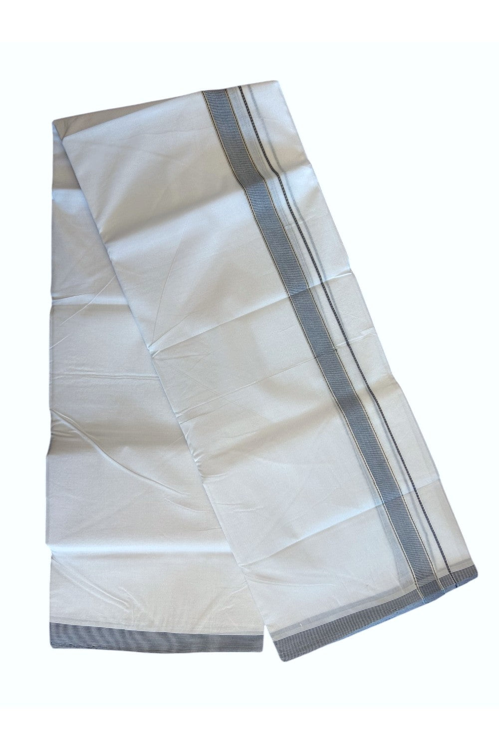 30% Discount KaithariKada HANDLOOM Unakkupaav Balaramapuram - 100% PURE Cotton PURE WHITE - 100x100 Double Mundu/Dhoti - 1 inch Black & Silver Kasavu Striped Kara - 15KK5129YAR