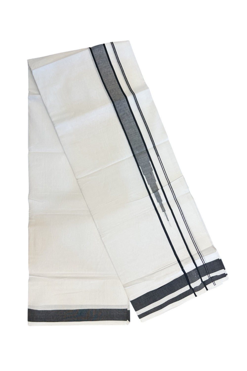 25% DISCOUNT! KaithariKada Balaramapuram 100% Mercerised Cotton Double ULTRA PURE white Mundu/Dhoti - 120x120 - 1.5 inch Heavy Chutty Black Shaded Kara - 15KK5139THI