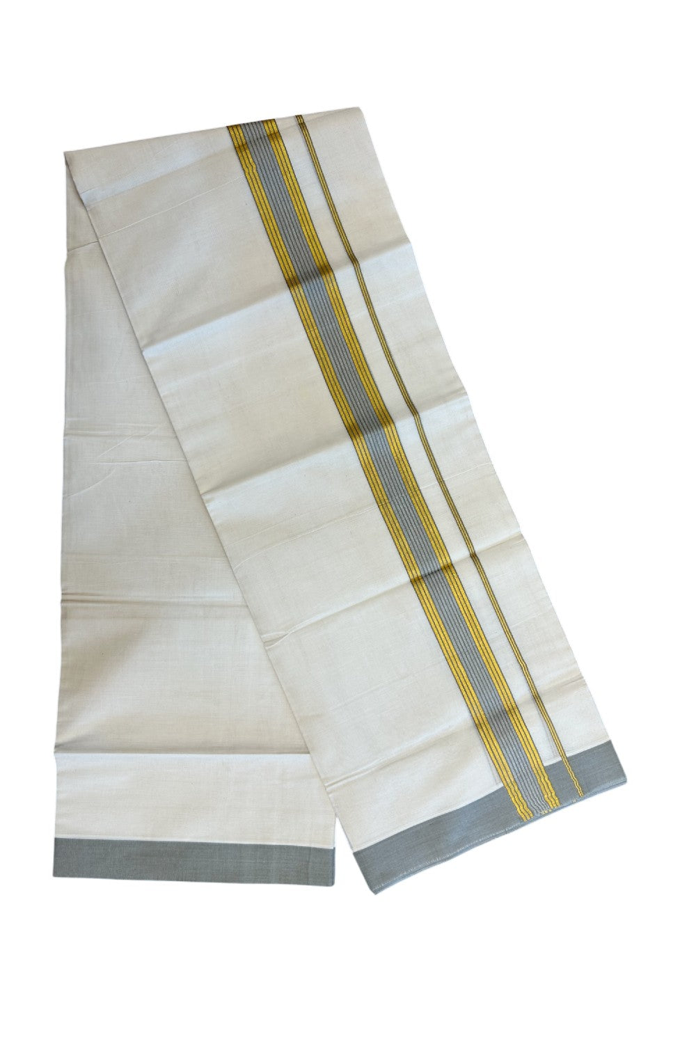20% DISCOUNT! KaithariKada Balaramapuram Double OFF WHITE Mundu/Dhoti - 80x80 - 1.5 Inch Gold Kasavu & Grey Shaded striped Kara - 15KK5182VAS