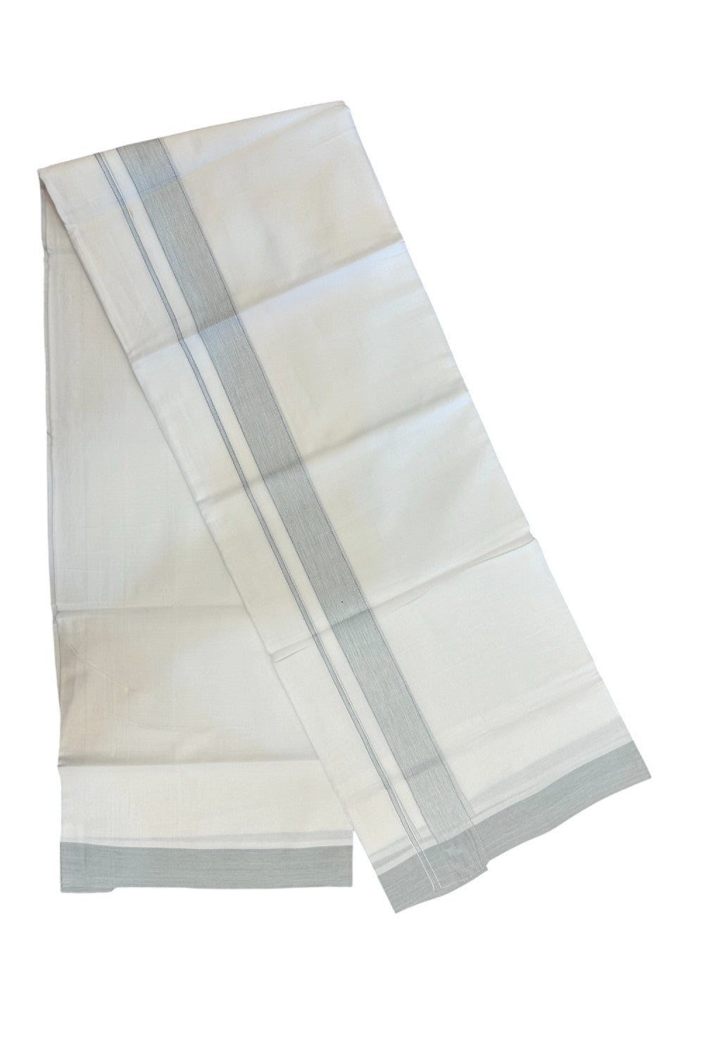 20% Discount ! Kaitharikada Balaramapuram 100% Cotton PURE WHITE Double Mundu/Dothi - 100x80 - 1.25 inch Light Greyish Blue Striped Kara - 15KK5183VIN
