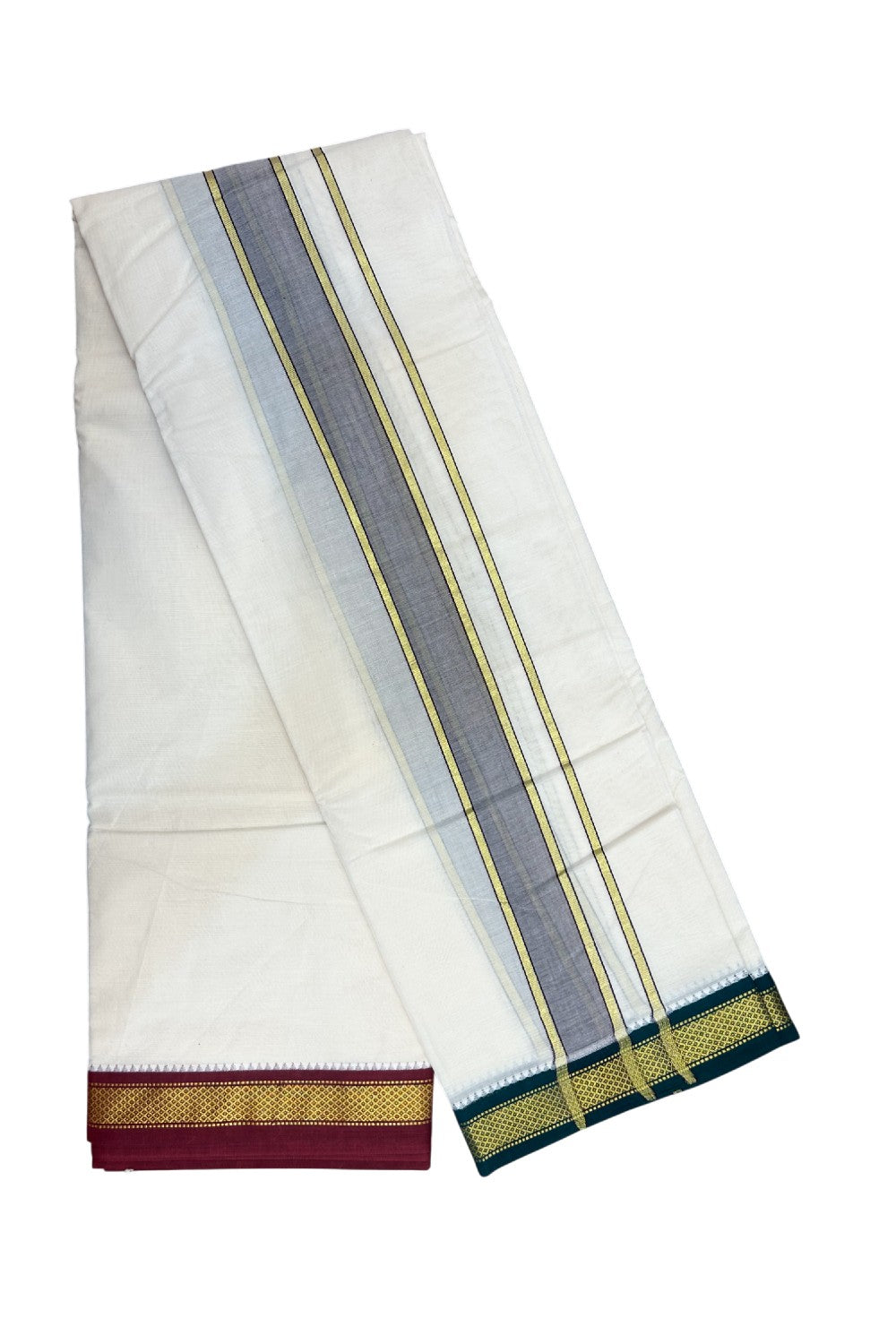 20% DISCOUNT! KaithariKada 100% Cotton Off White - (Unbleached) 100x100 thread - NORTH INDIAN- ATTACHED GAMCHA 10x6 Dhoti 2 inch Violet kara with Maroon & Dark Green Kasavu border - 15KK5196PMC