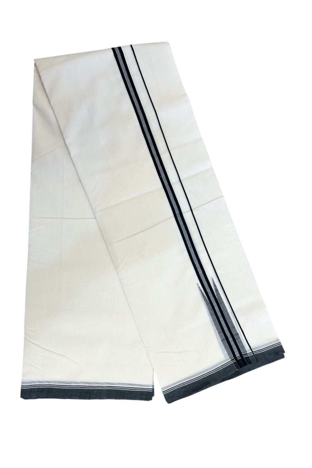 25% DISCOUNT!! KaithariKada HANDLOOM UNAKKUPAAV Balaramapuram - 100% PURE Cotton OFF White - (Unbleached) Double Mundu/Dothi - 80X100 - 1.25 inch Puliyilakkara Black striped chutty Kara 3.80 meter (8.5 Muzham) - 15KK5209 REA