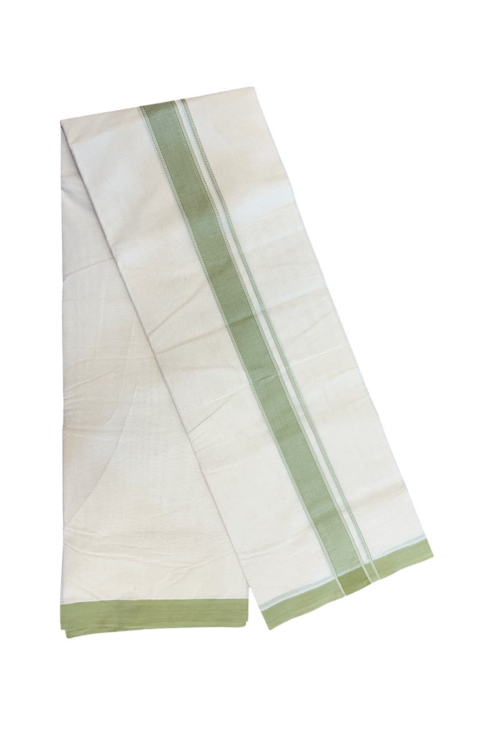 NEW !! 20% DISCOUNT!! KaithariKada Balaramapuram 100% Cotton Double Off white - (Unbleached) Mundu/Dhoti-100x80 - 1.5 inch Sage Green Striped KARA - 3.75 mtr (8 Muzham) - 15KK5226 ASH