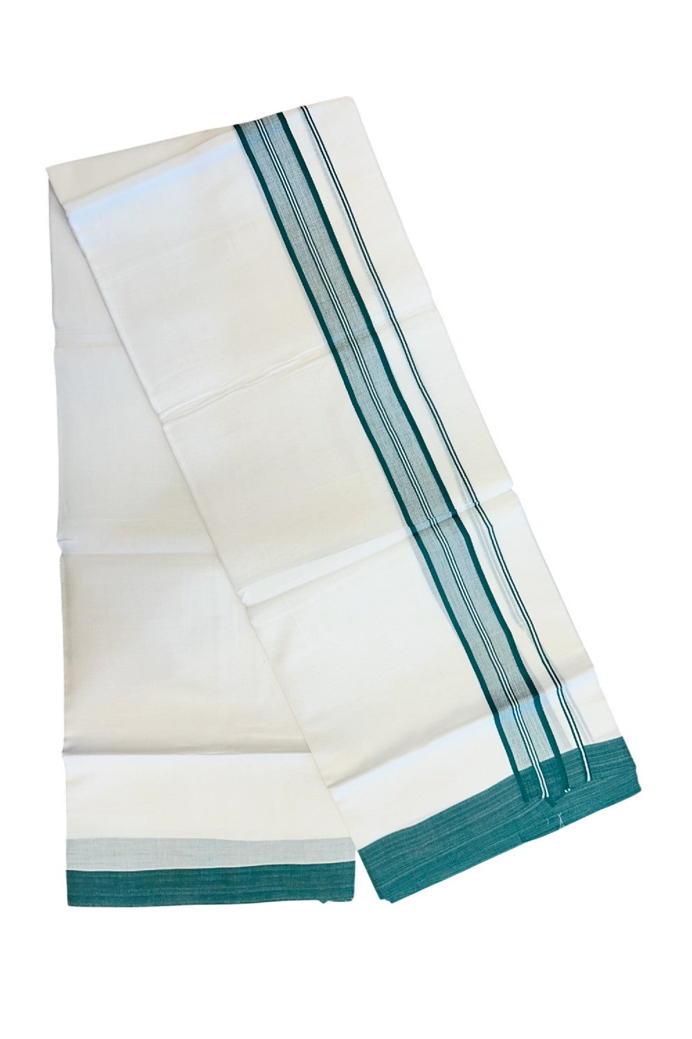 20% DISCOUNT! KaithariKada Balaramapuram 100% Cotton Double Pure white Mundu/Dhoti-( 60s ) - 1.5 inch Green Shaded Striped Kara - 3.84mtr ( 8 muzham) - 15KK5227 PMC