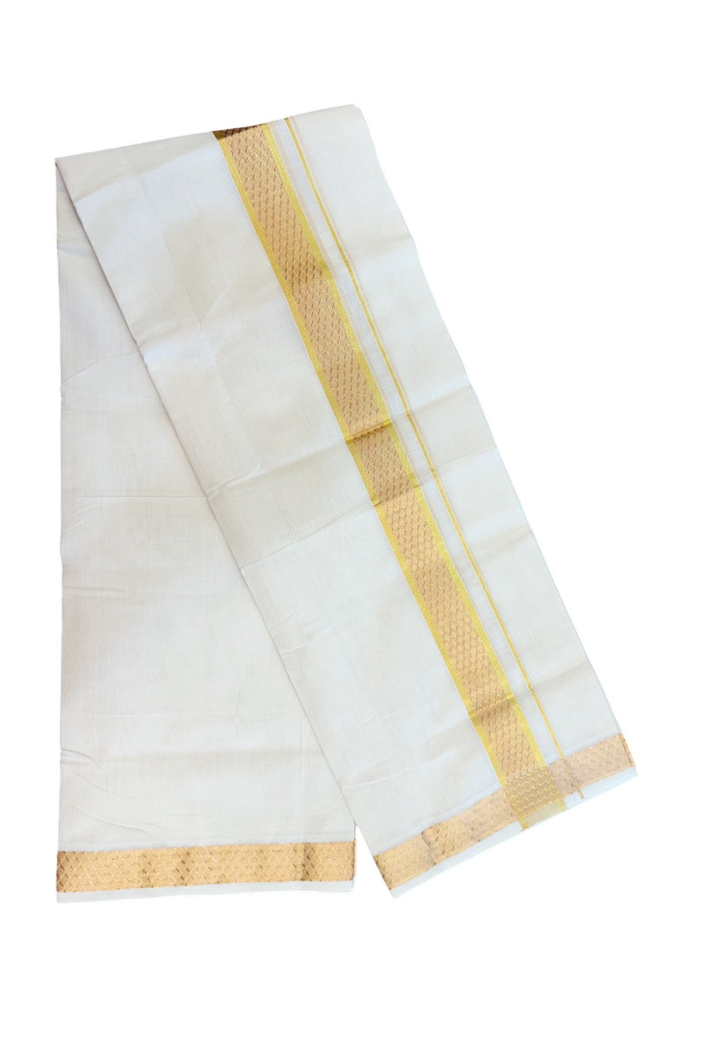 25% DISCOUNT ! KaithariKada HANDLOOM Unakkupaav Balaramapuram - 100% PURE Cotton OFF WHITE - (Unbleached) Double Mundu/Dhoti - 80x90 - 1.75 inch Gold Kasavu & Copper Jacquard Design Kara 4 mtr (8.5 Muzham) - 14KK5231 ABH