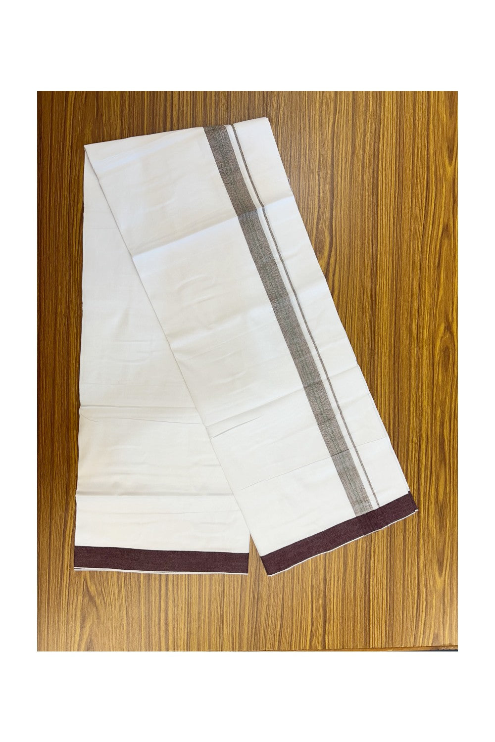 24% Discount !! KaithariKada Balaramapuram 100% Cotton Pure white Single Mundu/Dhoti - Twisted 60s Thread- 1 inch Wine & Green Shaded Striped Kara (2 meter / 4 muzham) - 15KK5241 GL