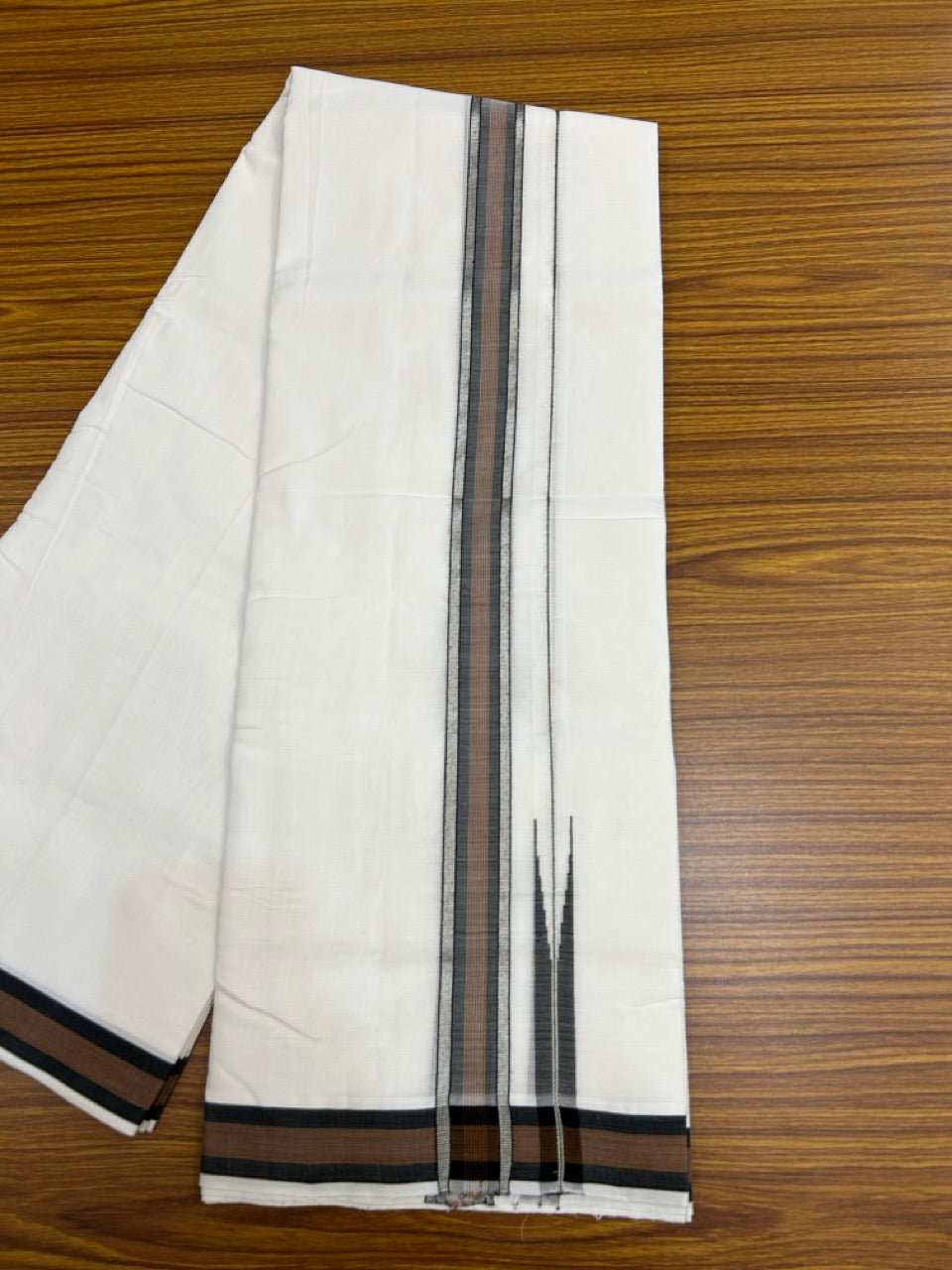 25% Discount!! NEW ULTRA PURE WHITE THREAD HANDLOOM Balaramapuram - 100% MERCERISED Cotton Double Mundu/Dhoti - 120 twisted warp x 80s weft - Brown Black Stripes Silver Kasav Chutty Kara- 15KK5248 REA