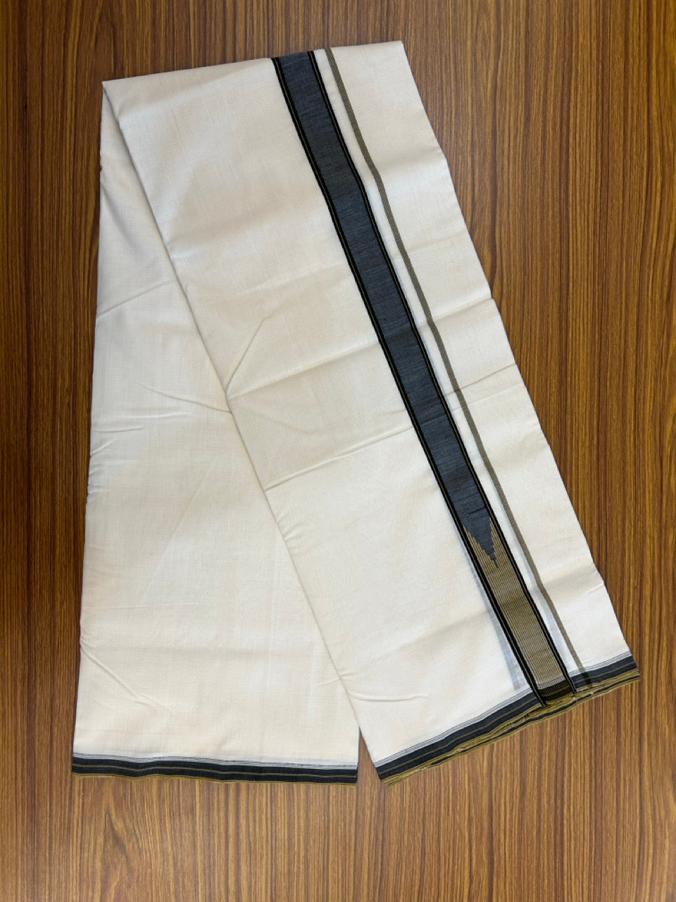 25% DISCOUNT!! KaithariKada HANDLOOM UNAKKUPAAV Balaramapuram - 100% PURE Cotton OFF White - (Unbleached) Double Mundu/Dothi - 100 x 80 - Black Light Brown Chutty Kara - 4meter - 15 KK5249 REA