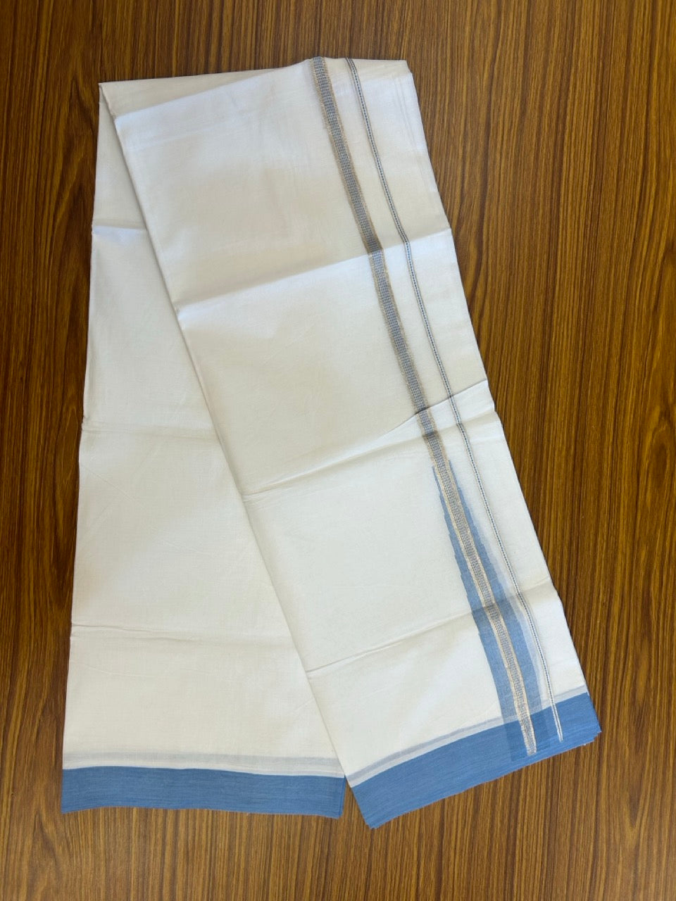 22% Discount ! NEW! KaithariKada Balaramapuram 100% Cotton Pure white Double Mundu/Dhoti - (100x80)s - Heavy Chutty Sky Blue Silver Kasav - 15 KK5252 CKS