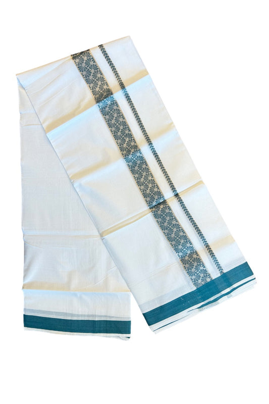 20% DISCOUNT! KaithariKada Balaramapuram 100% Cotton Double PURE white Mundu/Dhoti-100x100  Silver kasavu peacock green pattern Kara  - 15KK79PMC
