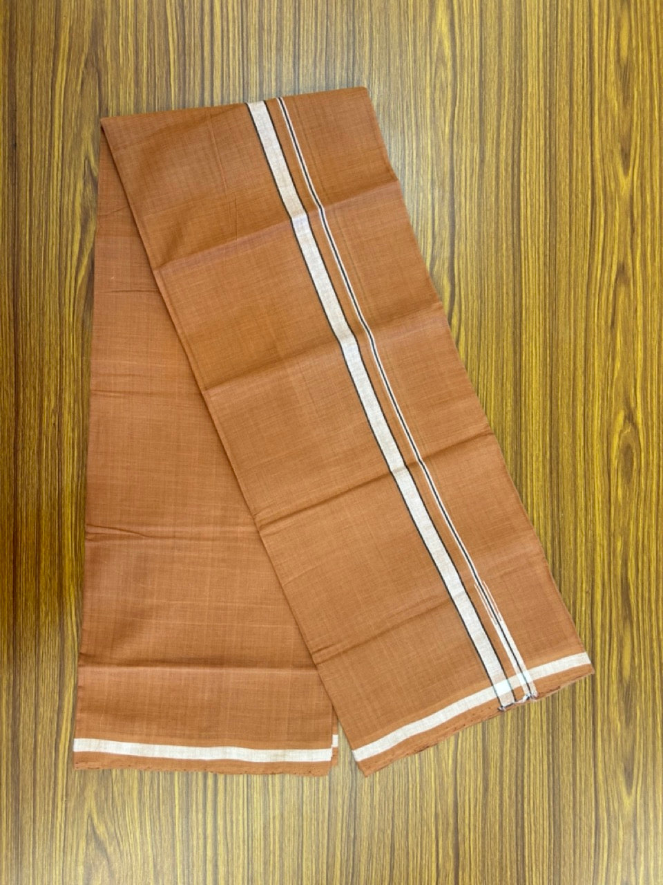 HANDLOOM Single KaithariKada - 10% Discount ! 100% Pure Cotton - Mundu/Dhoti KAVI COLOUR BODY 2cm BLACK & WHITE Kara Stripes Chutty (2 meter / 4 muzham)- 15KK8026ELA