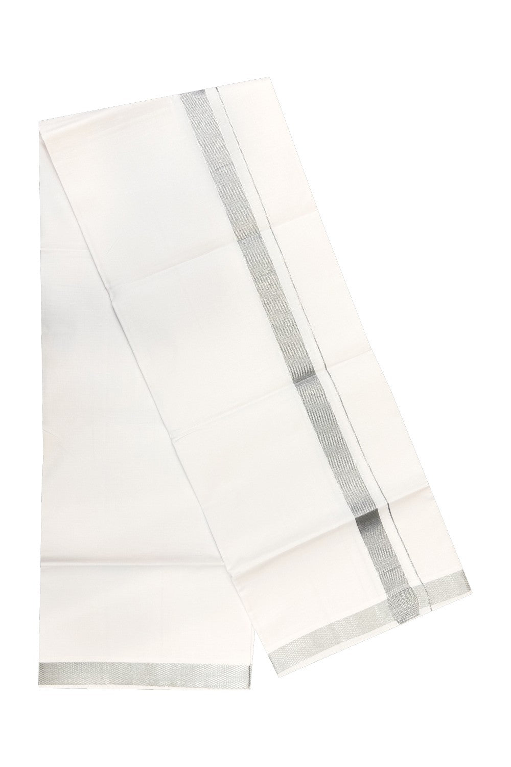 15% OFFER!! KaithariKada 100% Cotton PURE WHITE SINGLE Mundu/Dhoti-40X40- 3.5cm (2 meter / 4 muzham) SILVER KASAVU Zazri Kara- 15sar