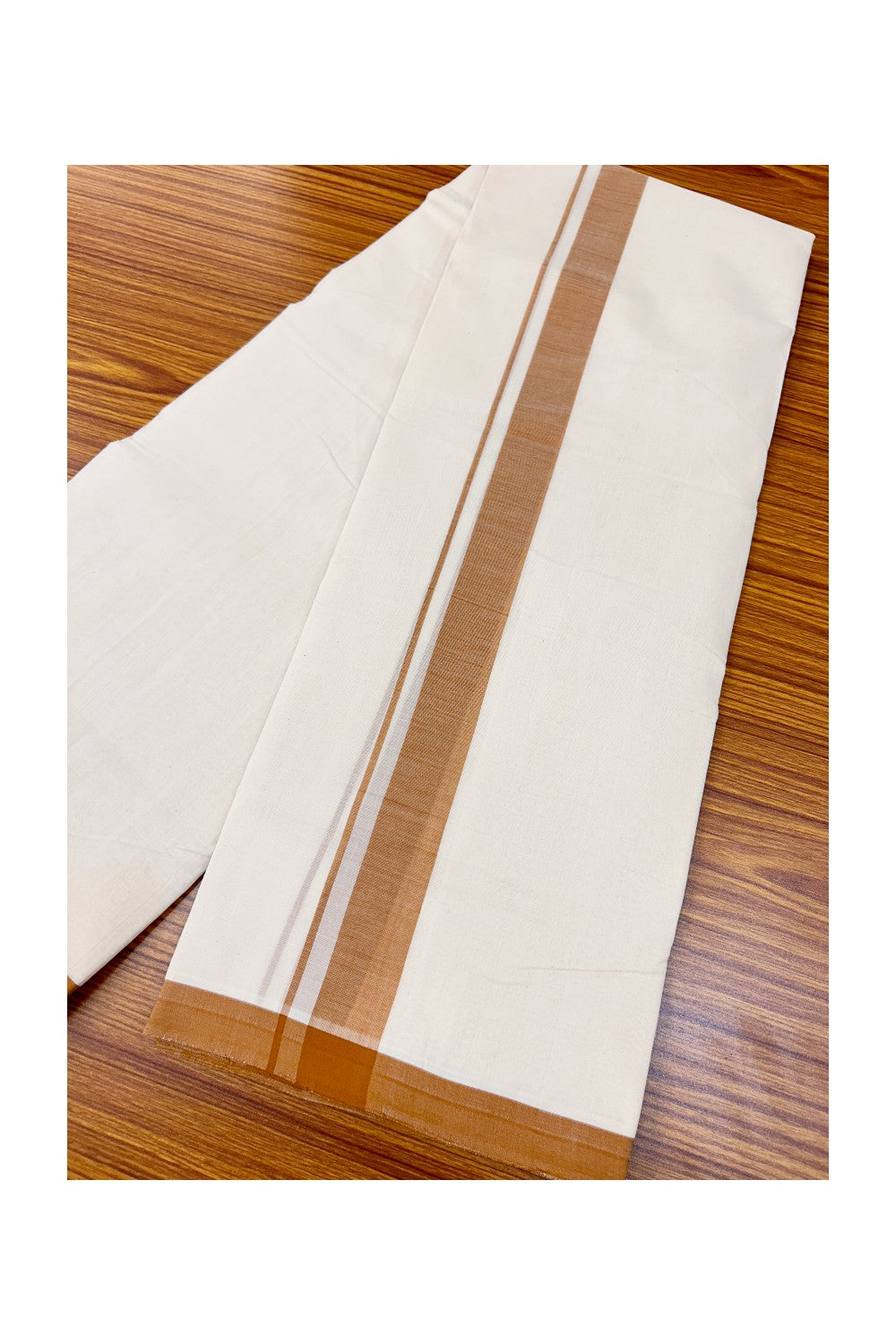 25% Discount! KaithariKada Balaramapuram Handloom 100% Millpaav Cotton Double Mundu/Dhoti Off white (unbleached) - 100x100 Brown Mulloth Border 3.60m (8 Muzham) - 15KK30RAM
