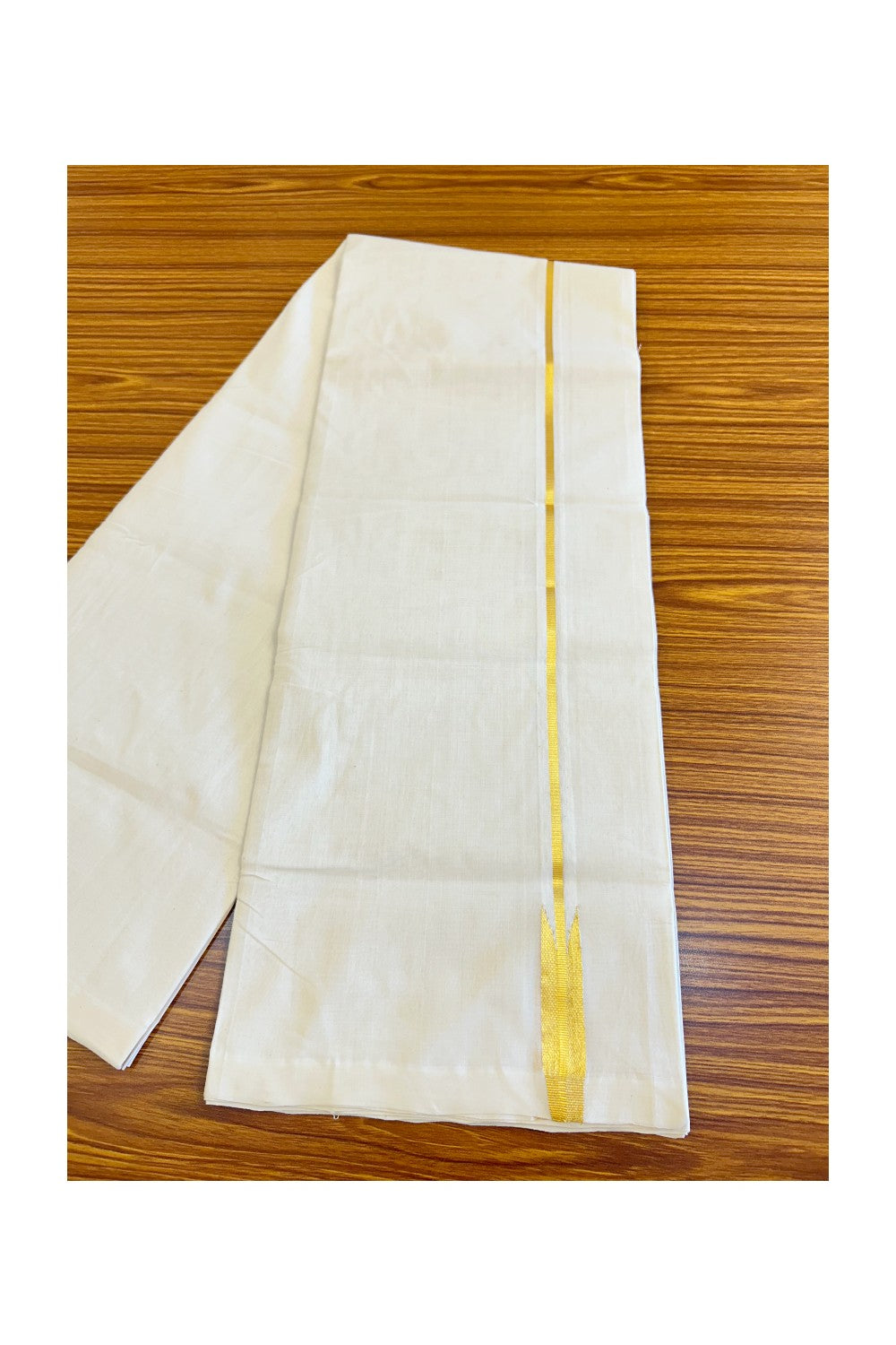 30% DISCOUNT!! KaithariKada HANDLOOM UNAKKUPAAV Balaramapuram - 100% PURE Cotton OFF White - (Unbleached) Double Mundu/Dothi - 2 cm Kasavu puliyilakkara chutty - 15KK476RAM