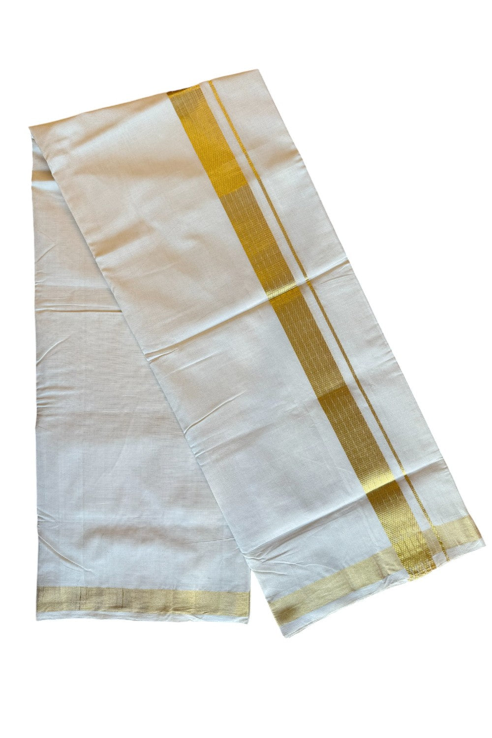 25% Discount!! KaithariKada Handloom Unakkupaav Balaramapuram - 100% Pure Cotton Off White - (Unbleached) Double Mundu/Dothi - 2.15 inch Striped Kasav Kara 4.5 Meters (10 Muzham) - 15KK494SOM