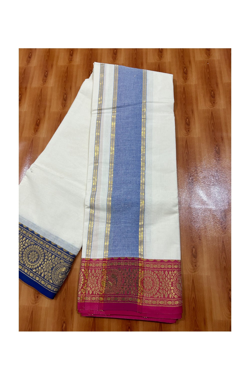 36% DISCOUNT! KaithariKada Cotton Mix -80x80 thread -80% Cotton & 20% Polyester - Off White - (Unbleached) -NORTH INDIAN - ATTACHED GAMCHA 9X5 Dhoti 5 inch Dark Blue kara with Pink & Blue Kasavu border - 15KK5005PMC