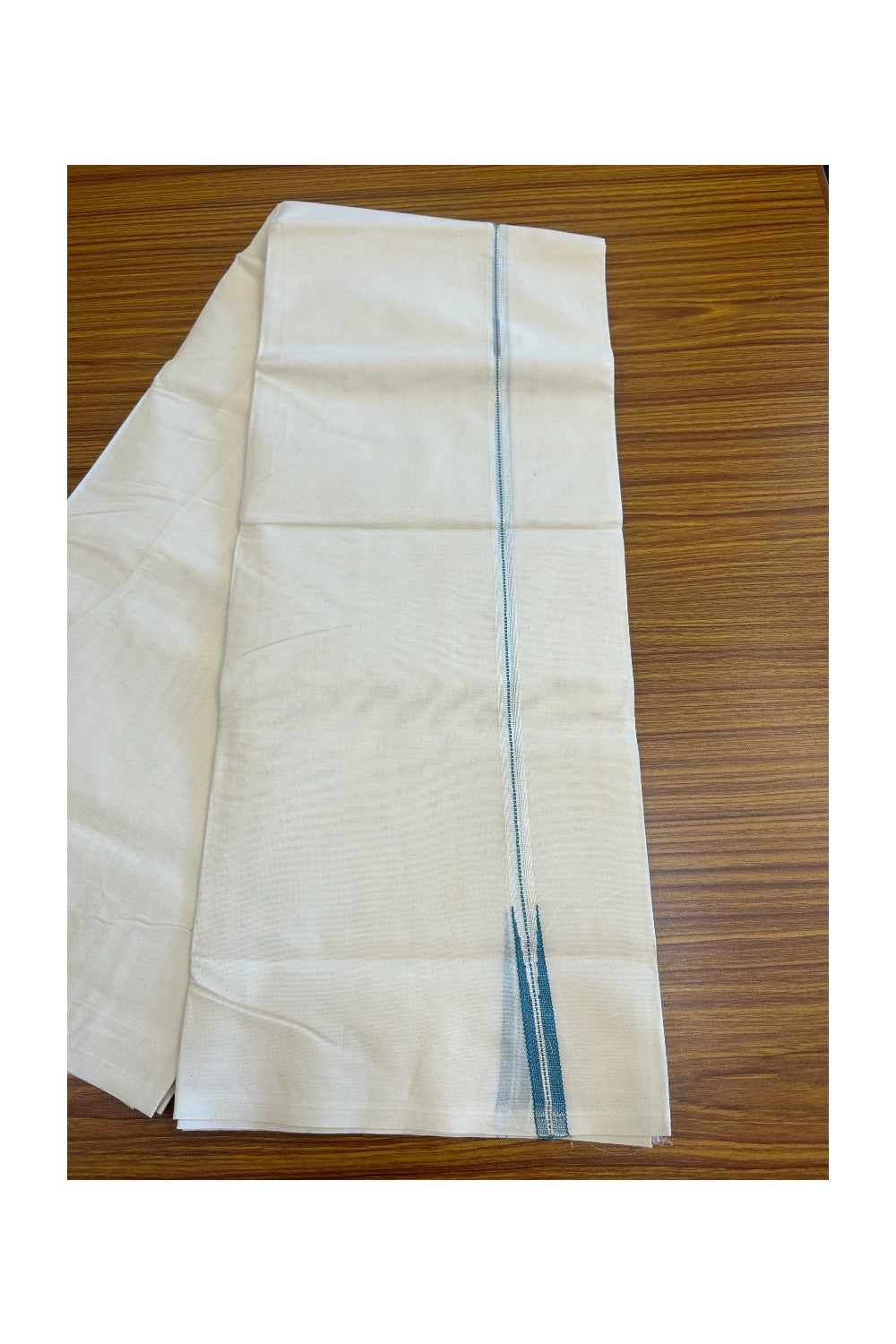 23% DISCOUNT! KaithariKada Balaramapuram 100% Cotton Double Off white - (Unbleached) Mundu/Dhoti-100x100 - 1.5cm Chutty Puliyilakkara Muthukuri Silver Kasavu & Peacock Blue Kara - 62