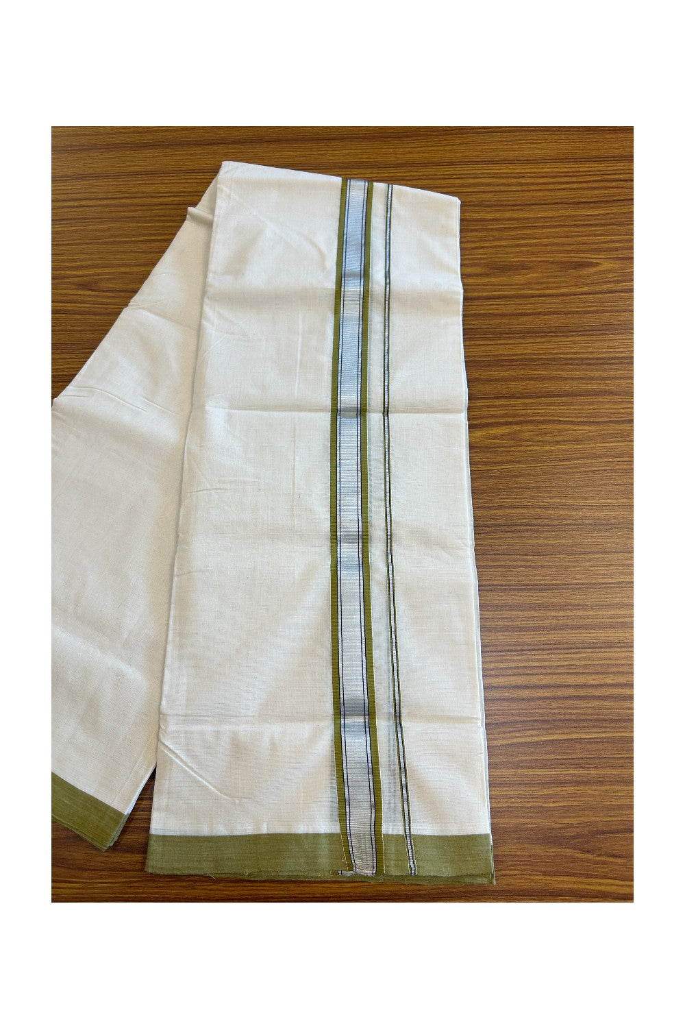 25% DISCOUNT! KaithariKada BALARAMAPURAM HANDLOOM UNAKKUPAAV - 100% PURE Cotton Off white (Unbleached) Double Mundu/Dhoti - 2.inch Silver Kasavu & Sage Green Kara-80