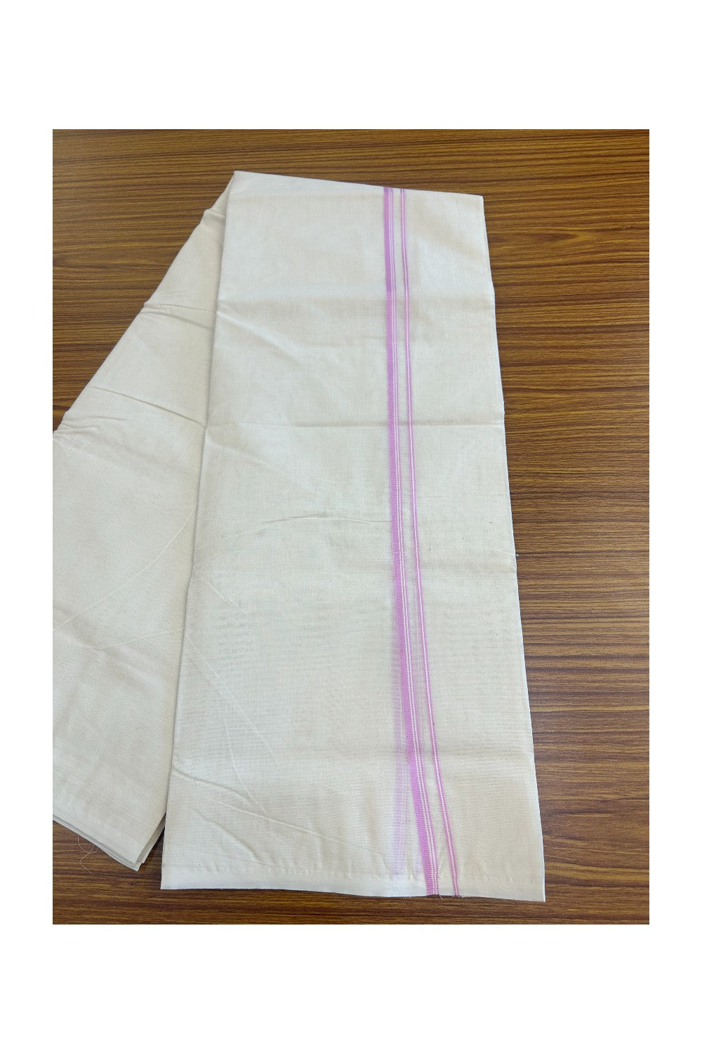 10% Discount ! KaithariKada Balaramapuram 100% Cotton Double Off white (Unbleached) Mundu/Dhoti-100X100-  Lavender Pink & stripes 2.cm Kara 4 mtr - ASH013