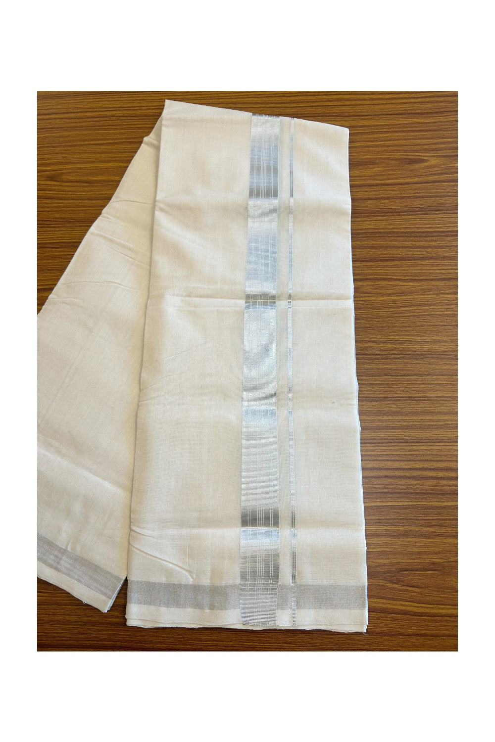 25% DISCOUNT ! KaithariKada HANDLOOM Millpaav Balaramapuram - 100% PURE Cotton Off White - (Unbleached)Double Mundu/Dhoti - Silver KASAVU Stripes Design-16KK37RAM