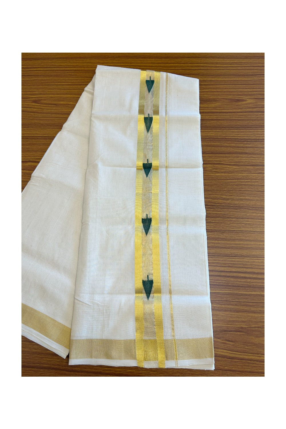 25% Discount!!! KaithariKada HANDLOOM UNAKKUPAAV Balaramapuram - 100% PURE Cotton off white (Unbleached) Double Mundu/Dhoti -100x 100 - 2.75 inch Kasavu with Center Tissue & Green Leaf design kara - 14KK5096YAR