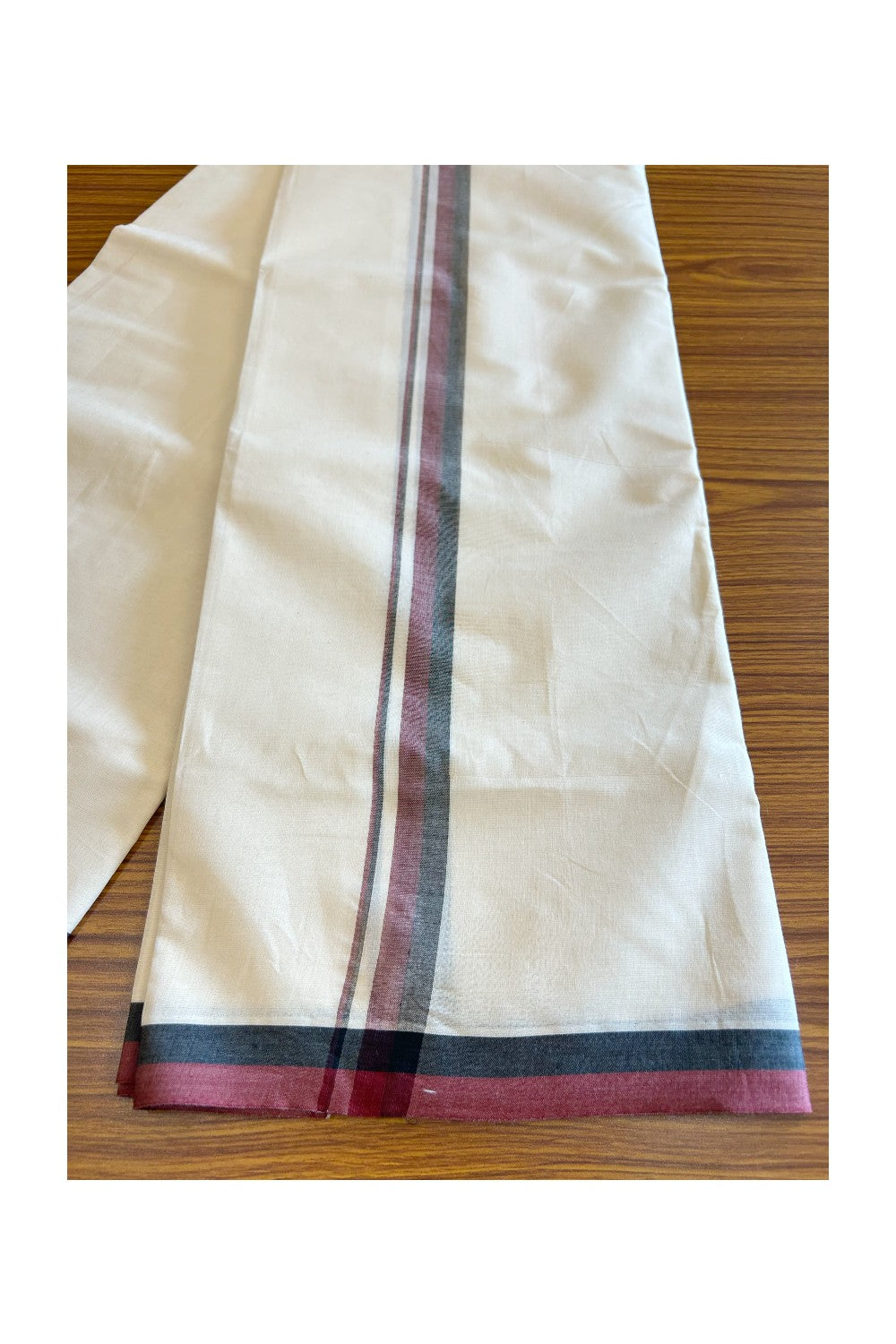 DMK Veshti - 19% DISCOUNT! KaithariKada 100% Cotton off white Double - (Unbleached) Mundu/Dhoti - 100X100 - 1.25 inch Black & Maroon shaded kara 3.84 meter - 14KK5120ASH