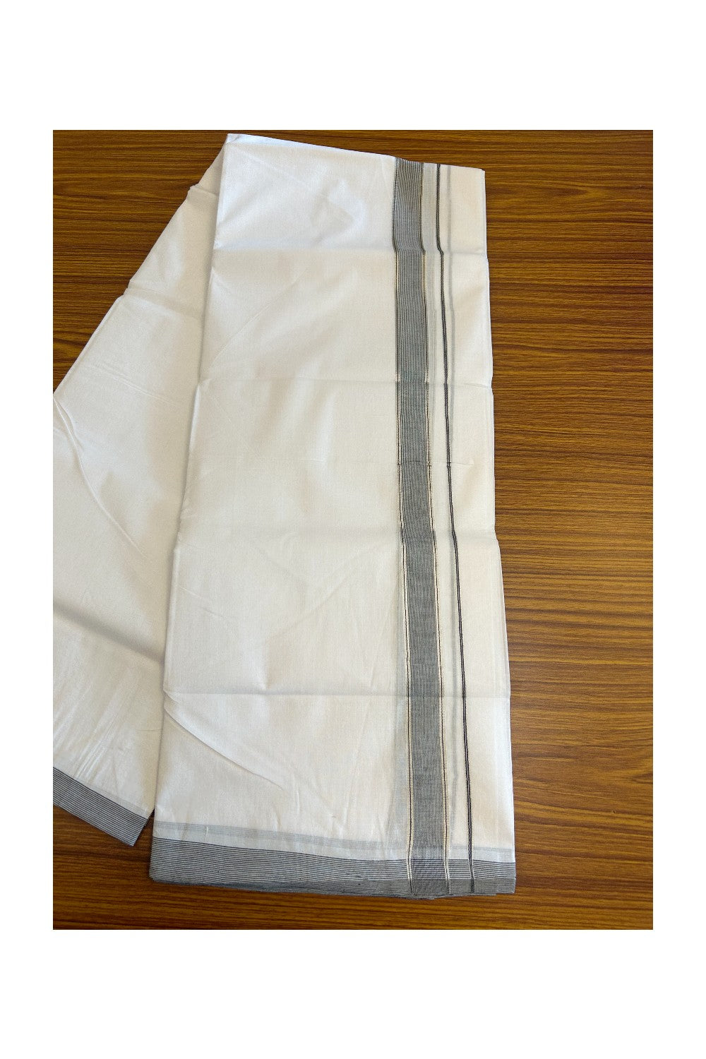 30% Discount KaithariKada HANDLOOM Unakkupaav Balaramapuram - 100% PURE Cotton PURE WHITE - 100x100 Double Mundu/Dhoti - 1 inch Black & Silver Kasavu Striped Kara - 15KK5129YAR