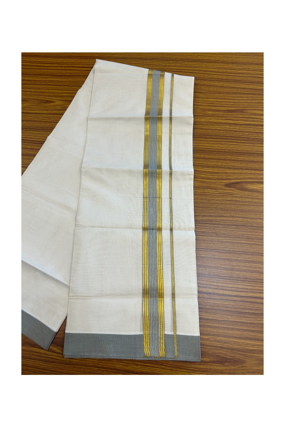 20% DISCOUNT! KaithariKada Balaramapuram Double OFF WHITE Mundu/Dhoti - 80x80 - 1.5 Inch Gold Kasavu & Grey Shaded striped Kara - 15KK5182VAS