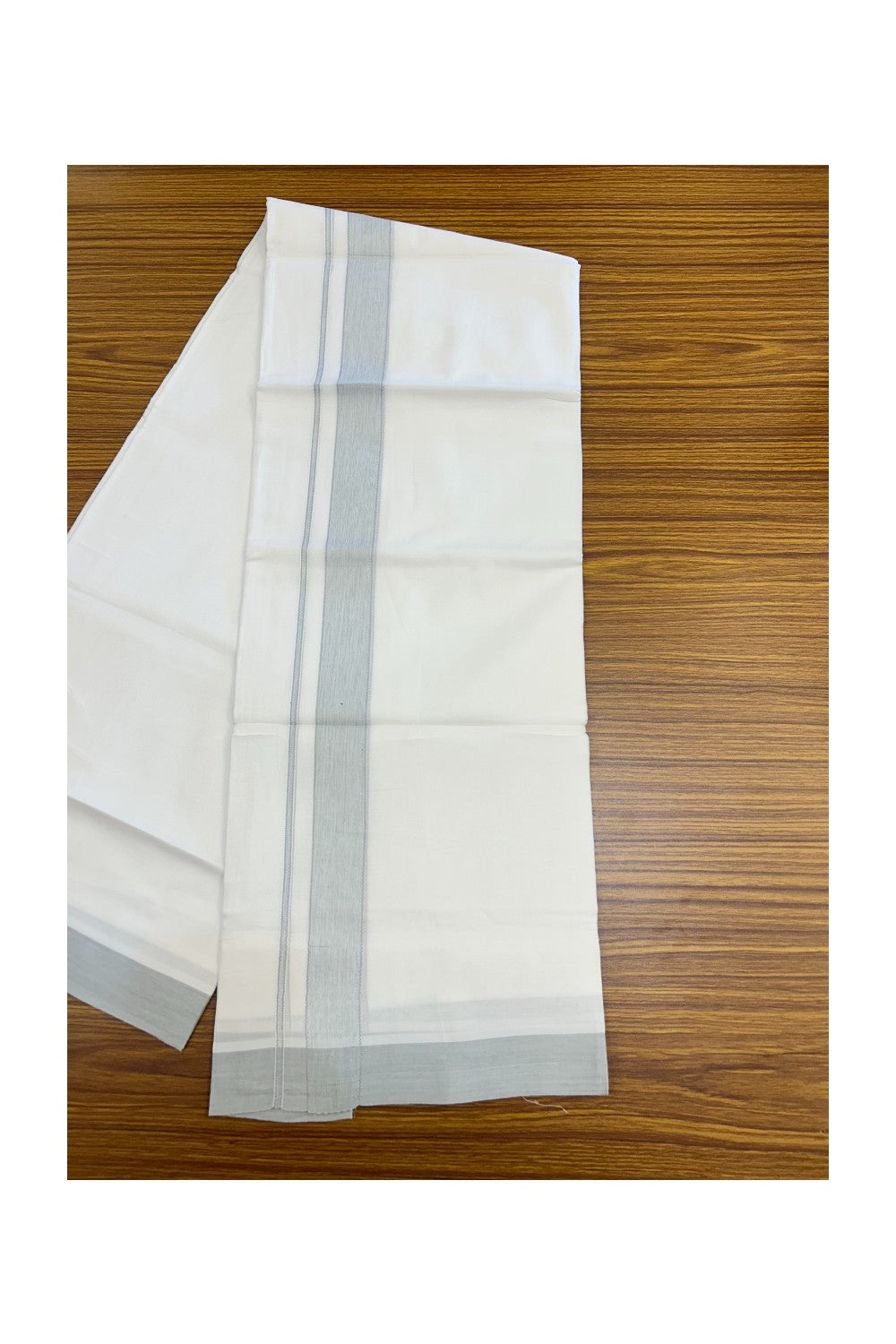 20% Discount ! Kaitharikada Balaramapuram 100% Cotton PURE WHITE Double Mundu/Dothi - 100x80 - 1.25 inch Light Greyish Blue Striped Kara - 15KK5183VIN