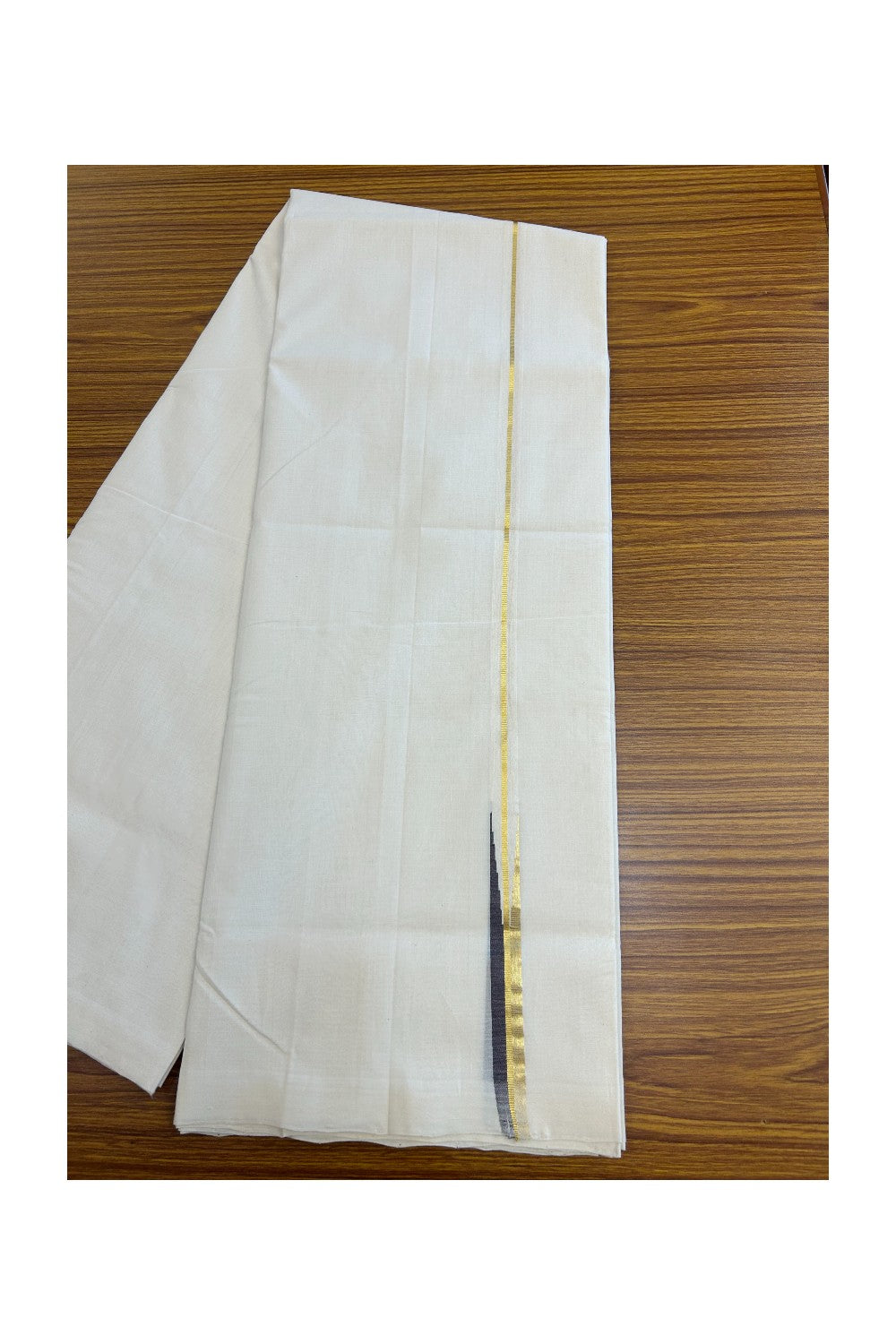 25% DISCOUNT!! KaithariKada HANDLOOM UNAKKUPAAV Balaramapuram - 100% PURE Cotton OFF White - (Unbleached) Double Mundu/Dothi - 100 s warp x 80s weft - 1.5 cm Puliyilakkara Brown & Gold Kasavu Chutty - 15KK5200REA