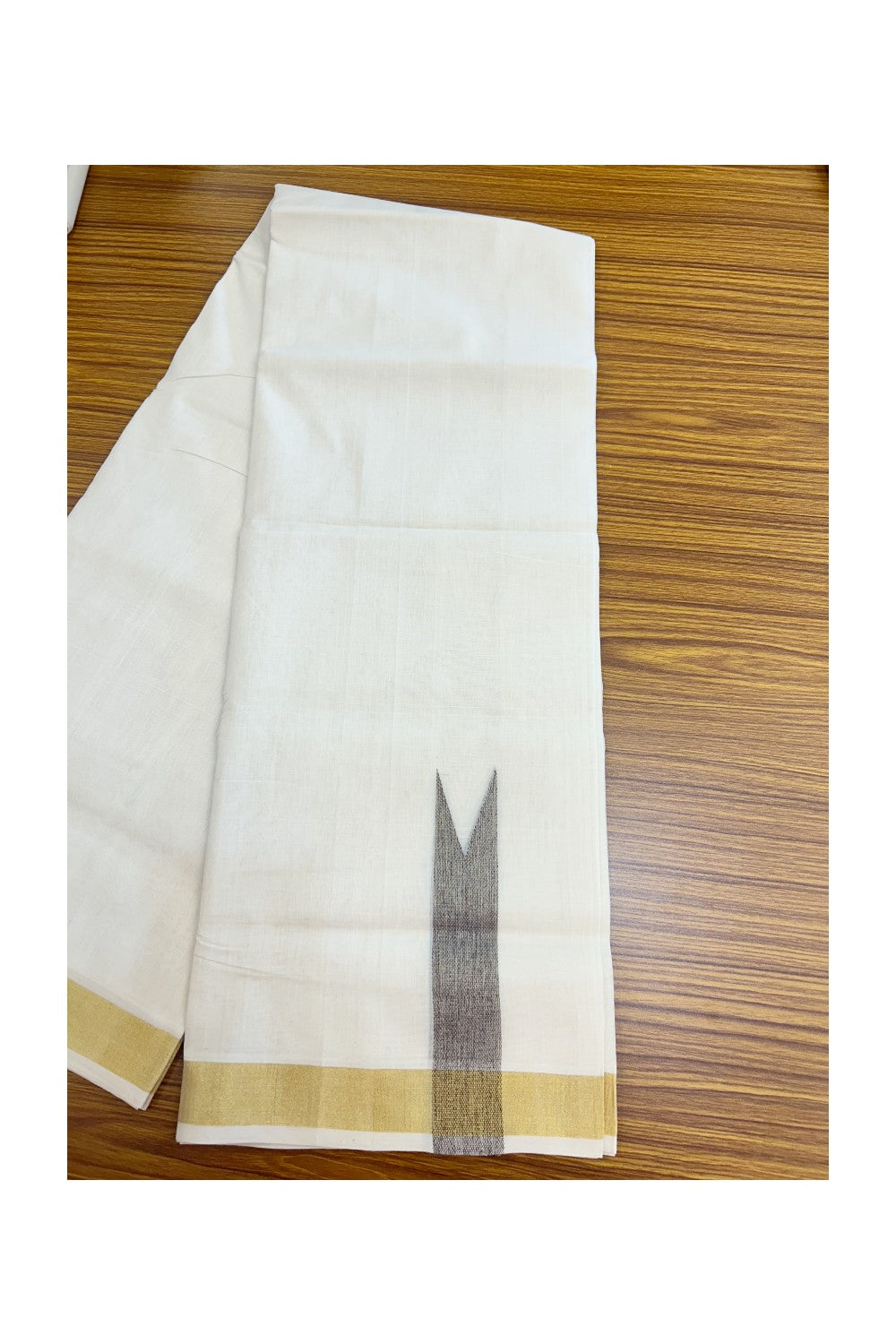 25% DISCOUNT ! KaithariKada HANDLOOM Unakkupaav Balaramapuram - 100% PURE Cotton Off White - (Unbleached) Double Mundu/Dhoti - 100x100 Kasavu 1.5 Inch Brown Chutty Kara- 15KK5208ABH