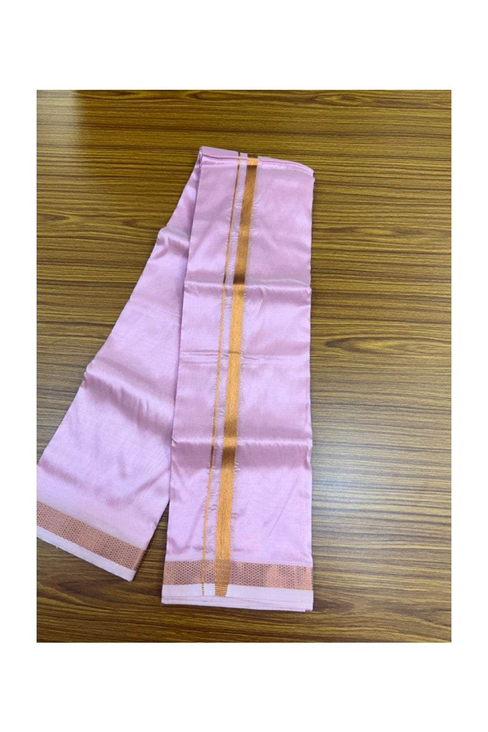 12% Discount!! KaithariKada Balaramapuram 100% Silk Double Mundu/Dhoti - Pink Colour Body - 0.5 inch Gold Kasavu Kara 3.60 mtr (8 muzham) - 15KK5222 GAN