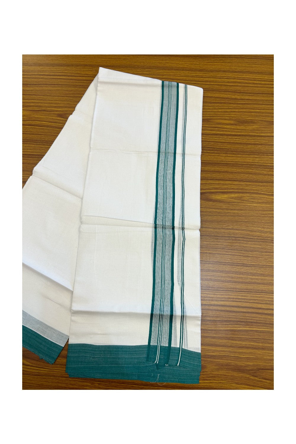 20% DISCOUNT! KaithariKada Balaramapuram 100% Cotton Double Pure white Mundu/Dhoti-( 60s ) - 1.5 inch Green Shaded Striped Kara - 3.84mtr ( 8 muzham) - 15KK5227 PMC