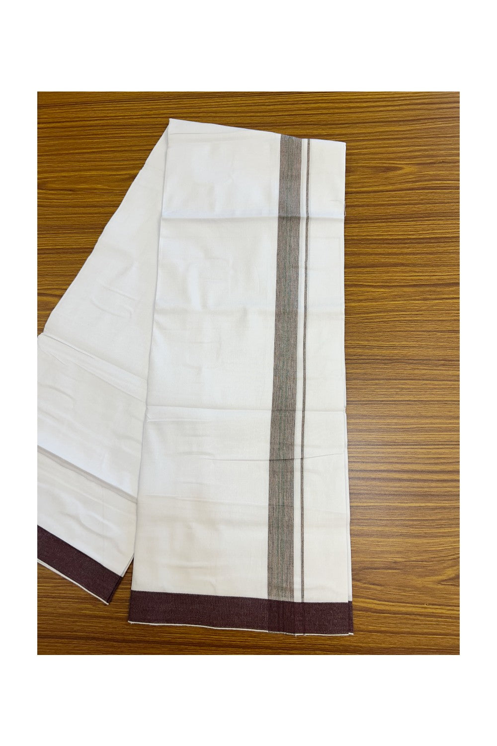 24% Discount !! KaithariKada Balaramapuram 100% Cotton Pure white Single Mundu/Dhoti - Twisted 60s Thread- 1 inch Wine & Green Shaded Striped Kara (2 meter / 4 muzham) - 15KK5241 GL