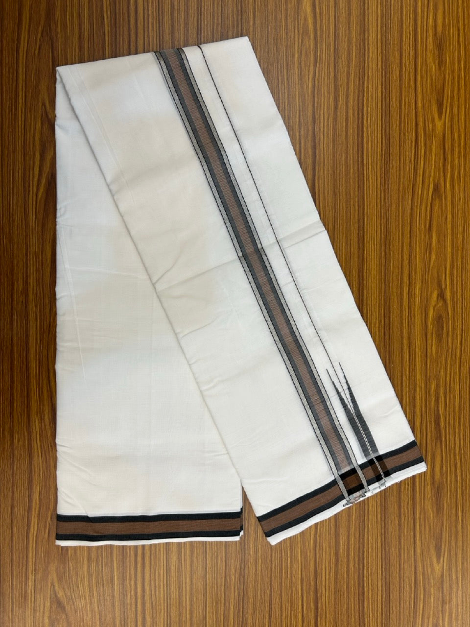 25% Discount!! NEW ULTRA PURE WHITE THREAD HANDLOOM Balaramapuram - 100% MERCERISED Cotton Double Mundu/Dhoti - 120 twisted warp x 80s weft - Brown Black Stripes Silver Kasav Chutty Kara- 15KK5248 REA