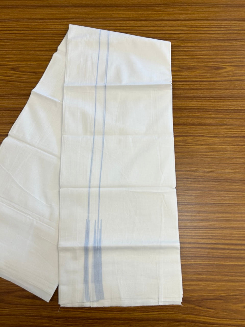 20% DISCOUNT!! NEW!! KaithariKada Balaramapuram 100% Cotton PURE WHITE Double Mundu/Dhoti - (100x80)s - 0.75 inch Sky Blue Line chutty - 15 KK5249 VIN