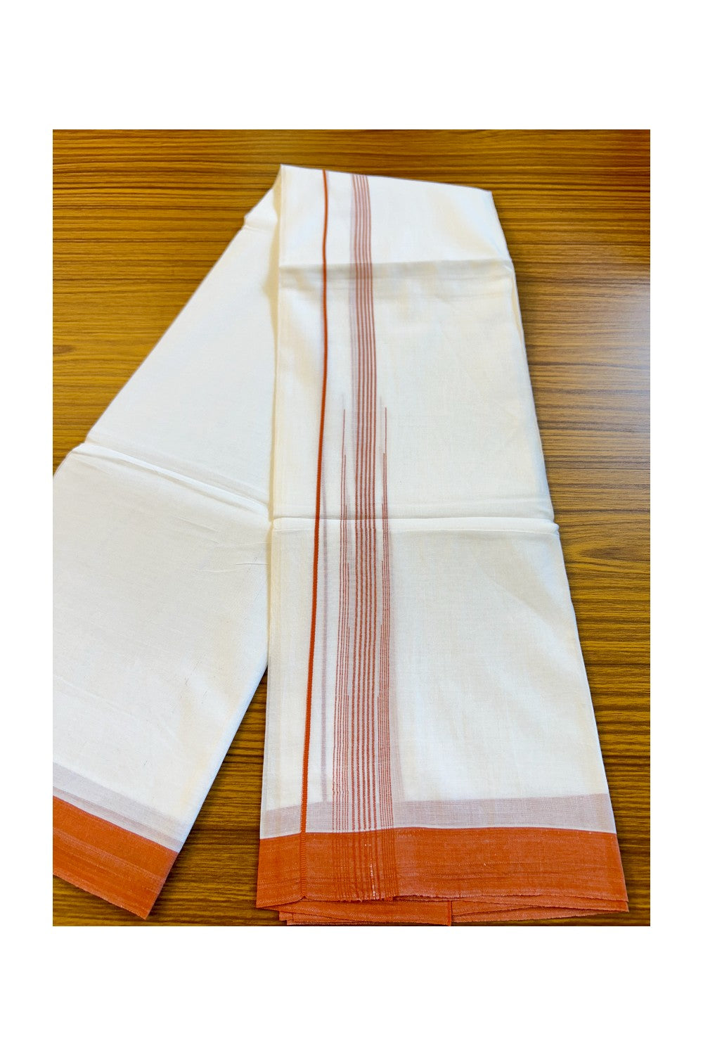 22% DISCOUNT!! Kaitharikada Balaramapuram 100% Cotton PURE WHITE Double Mundu/Dothi-100x100 2 Inch ORANGE Striped Cotton Kara 3.80m (8 Muzham) - 15KK74RAM