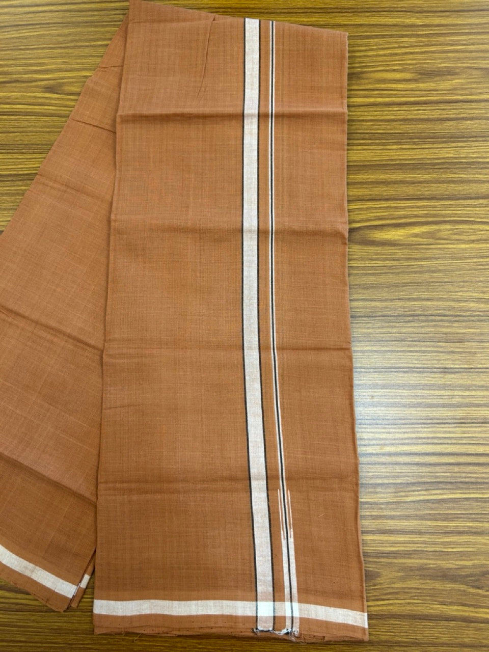 HANDLOOM Single KaithariKada - 10% Discount ! 100% Pure Cotton - Mundu/Dhoti KAVI COLOUR BODY 2cm BLACK & WHITE Kara Stripes Chutty (2 meter / 4 muzham)- 15KK8026ELA
