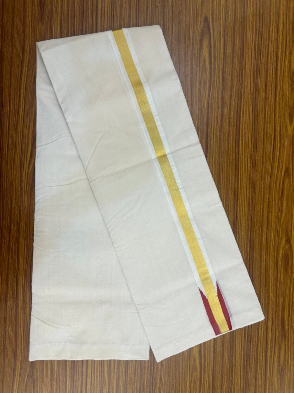 25% Discount ! KaithariKada Handloom Unakkupaav Balaramapuram - Cotton Off White (Unbleached) Double Mundu/Dothi - 80x90 - 1.5 inch Puliyilakkara Kasavu Red chutty 3.85 mtr (8 muzham) - 104 KK5256 RAM