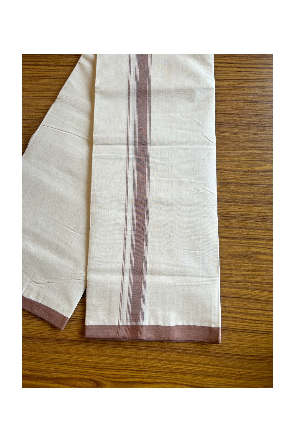 30% DISCOUNT!! KaithariKada HANDLOOM Millpaav Balaramapuram - 100% PURE Cotton OFF White - (Unbleached) Double Mundu/Dothi - 1.75 inch Dark Brown white stripes mulloth kara - 15KK462RAM