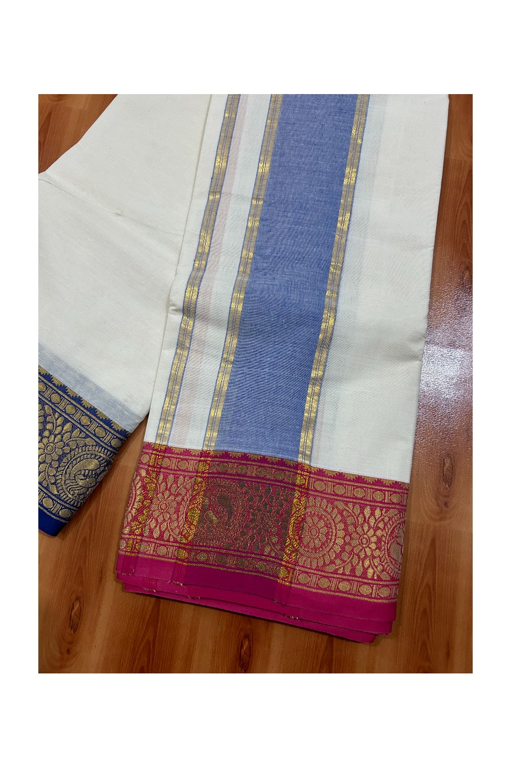 36% DISCOUNT! KaithariKada Cotton Mix -80x80 thread -80% Cotton & 20% Polyester - Off White - (Unbleached) -NORTH INDIAN - ATTACHED GAMCHA 9X5 Dhoti 5 inch Dark Blue kara with Pink & Blue Kasavu border - 15KK5005PMC