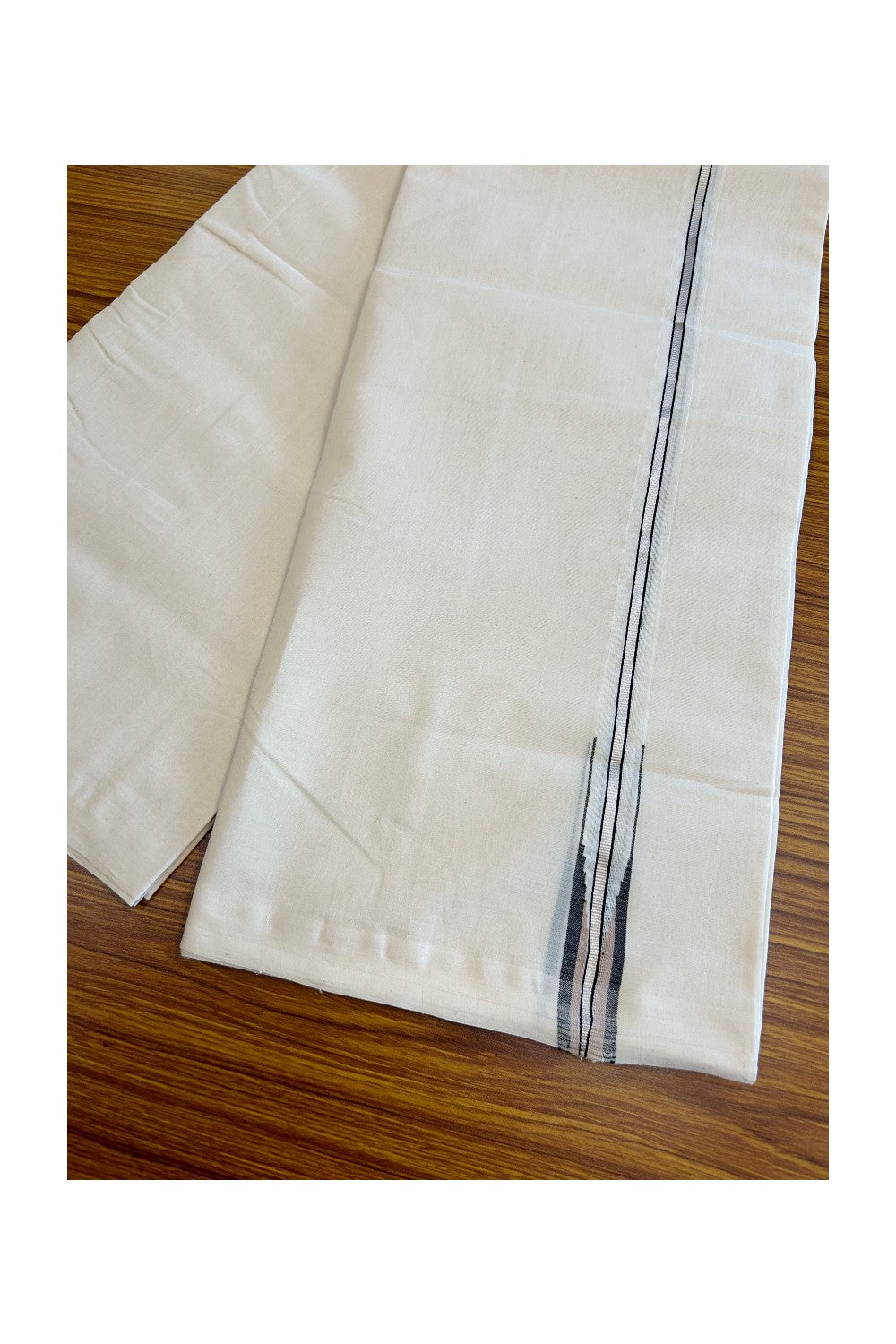 25% DISCOUNT!! KaithariKada HANDLOOM Millpaav Balaramapuram - 100% PURE Cotton OFF White - (Unbleached) Double Mundu/Dothi - 1inch Puliyilakkara Silver kasavu Black & Cream chutty - 15KK5029RAM
