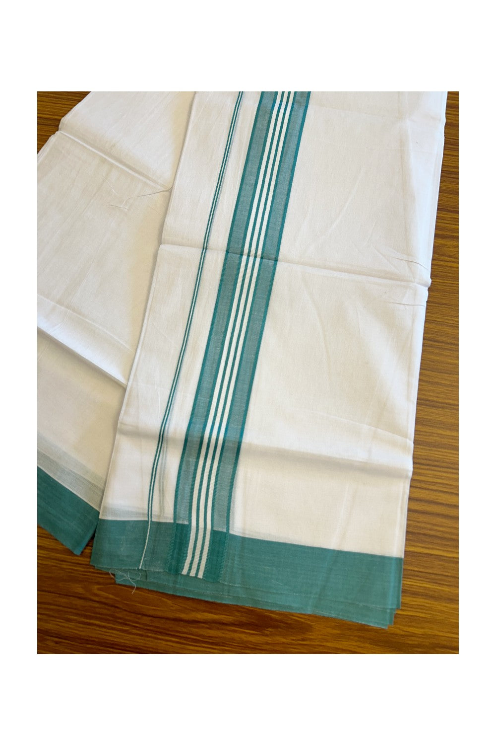 KaithariKada 100% Cotton Pure White  Double  Dhoti/Mundu 2.5 inch  Green  Border.-72.