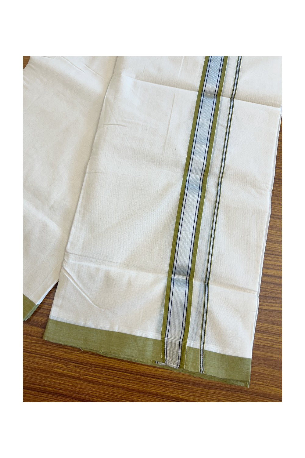 25% DISCOUNT! KaithariKada BALARAMAPURAM HANDLOOM UNAKKUPAAV - 100% PURE Cotton Off white (Unbleached) Double Mundu/Dhoti - 2.inch Silver Kasavu & Sage Green Kara-80