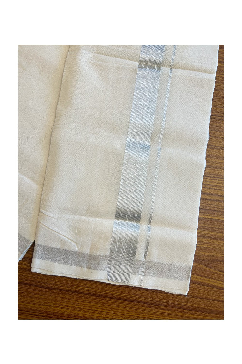 25% DISCOUNT ! KaithariKada HANDLOOM Millpaav Balaramapuram - 100% PURE Cotton Off White - (Unbleached)Double Mundu/Dhoti - Silver KASAVU Stripes Design-16KK37RAM