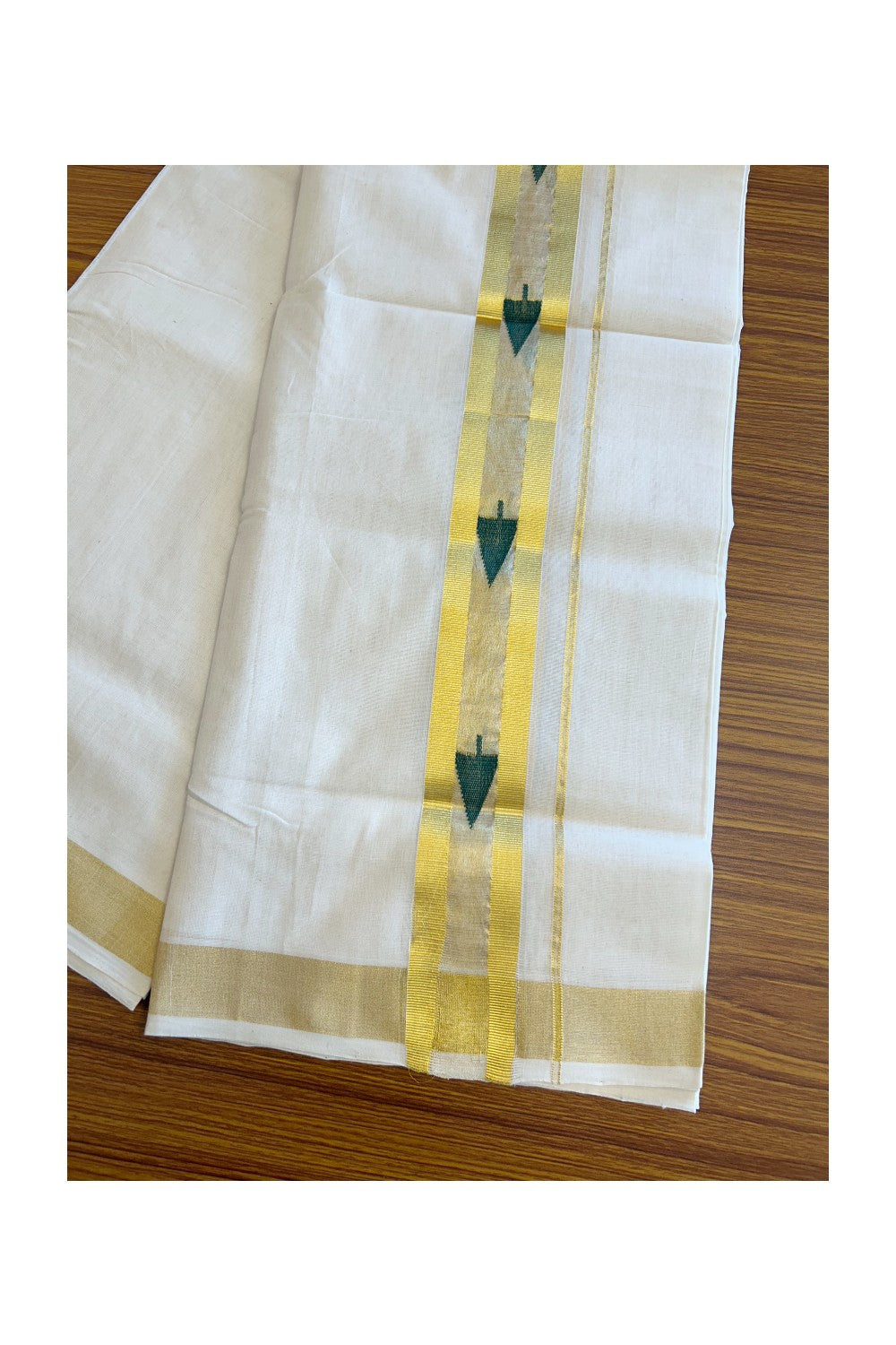 25% Discount!!! KaithariKada HANDLOOM UNAKKUPAAV Balaramapuram - 100% PURE Cotton off white (Unbleached) Double Mundu/Dhoti -100x 100 - 2.75 inch Kasavu with Center Tissue & Green Leaf design kara - 14KK5096YAR