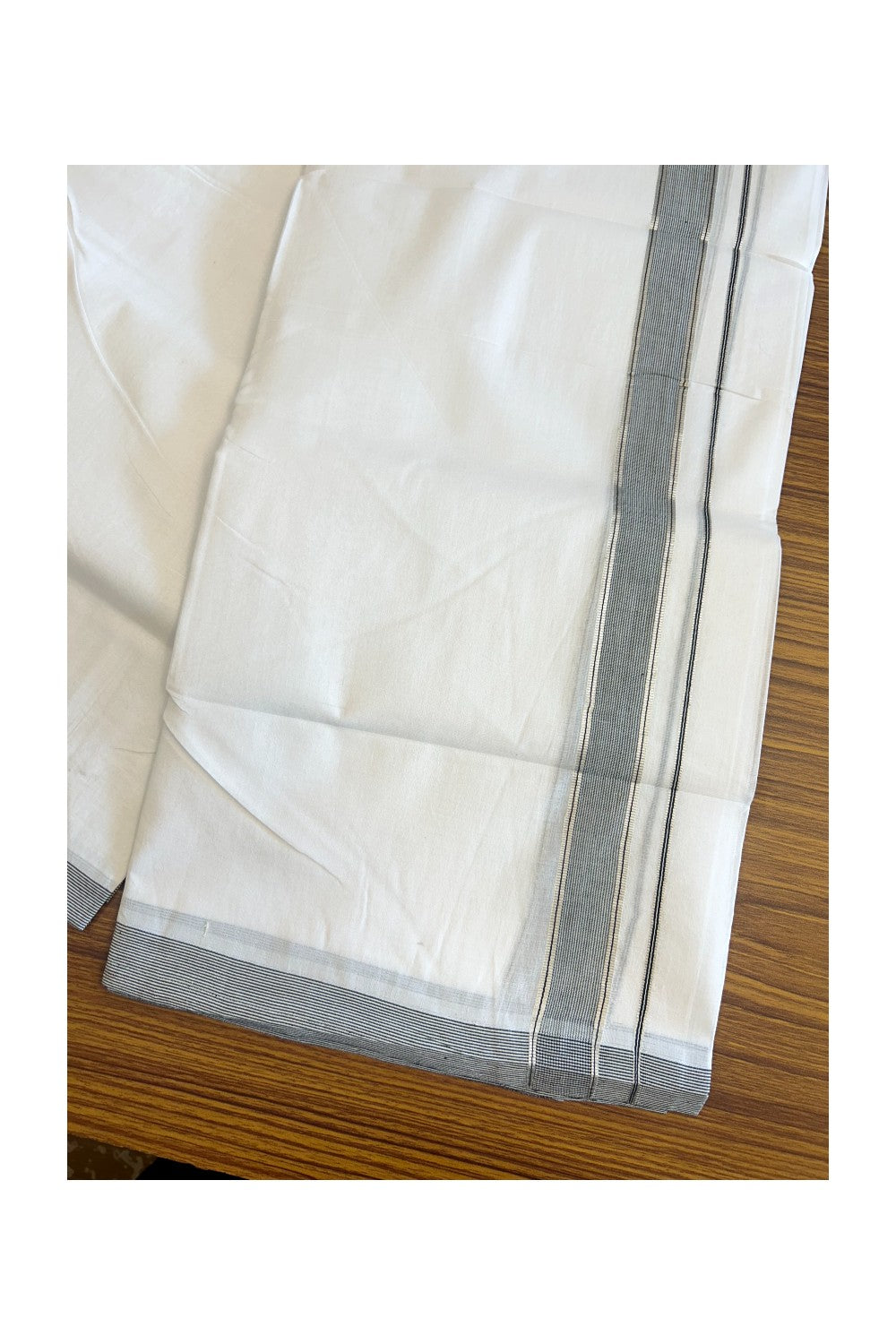 30% Discount KaithariKada HANDLOOM Unakkupaav Balaramapuram - 100% PURE Cotton PURE WHITE - 100x100 Double Mundu/Dhoti - 1 inch Black & Silver Kasavu Striped Kara - 15KK5129YAR