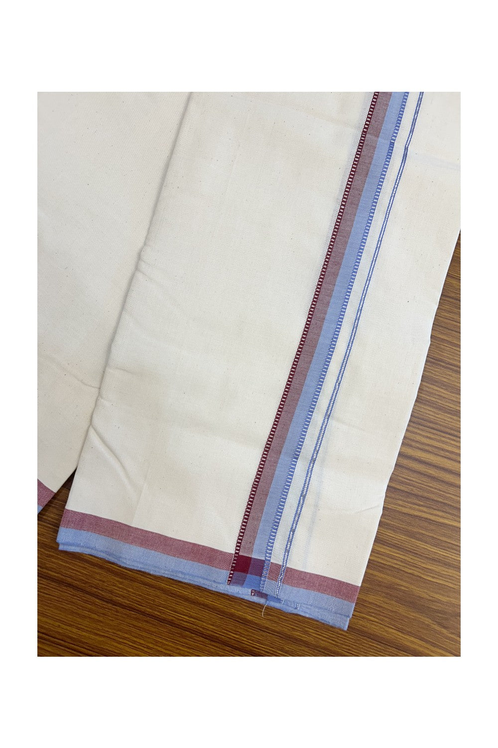 25%DISCOUNT!! SIGNATURE KAITHARIKADA EXCLUSIVE SINGLE DHOTI - 100% Cotton Balaramapuram HANDLOOM Single Mundu/Dhoti - Off White - (Unbleached) 1 inch Lavender Maroon & Silver Kasavu Kara (2 meter / 4 muzham)- 15KK5173KAI